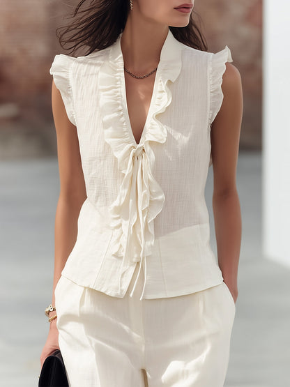 Cream Linen Blend Ruffle Top