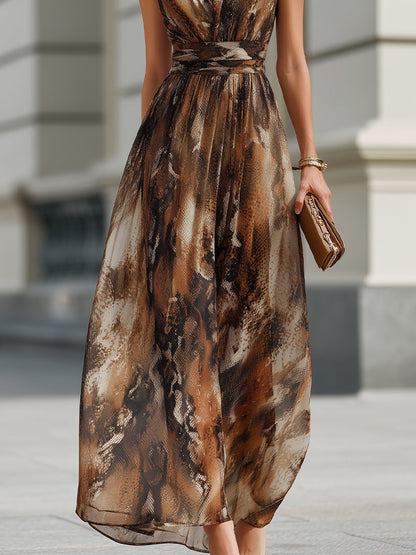 Sleeveless Printed Wrap Bodice Flowing Midi Dress