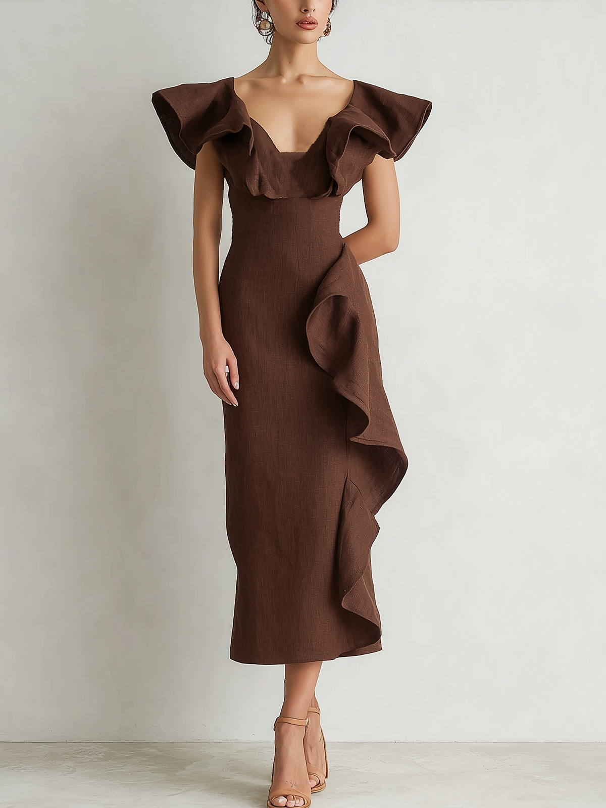 Brown Ruffled Shoulder Maxi Dress