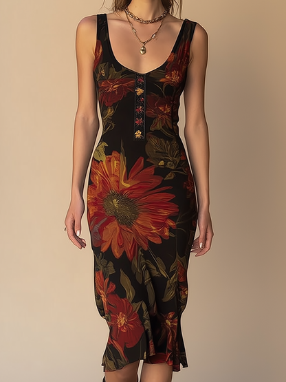 Vintage Floral Print Sleeveless Dress