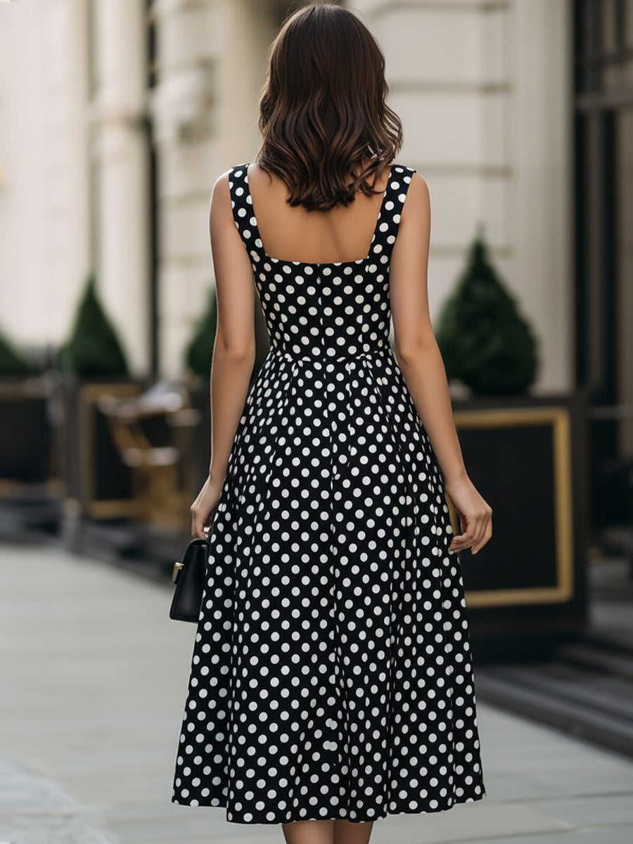 Black & White Polka Dot Square Neck Sleeveless Fit-and-Flare Midi Dress