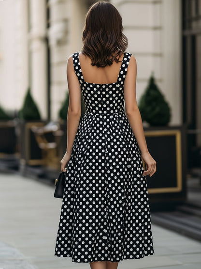 Black & White Polka Dot Square Neck Sleeveless Fit-and-Flare Midi Dress