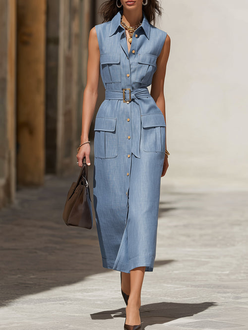 Elegant Light Blue Sleeveless Belted Midi Dress