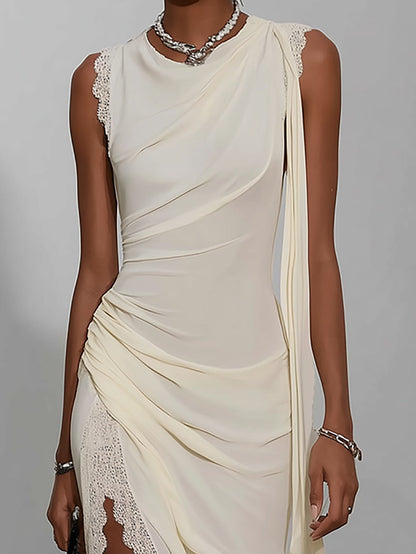Cream Chiffon Lace Trim Midi Dress