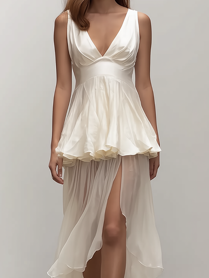 Romantic High Low Hem Satin Chiffon Dress