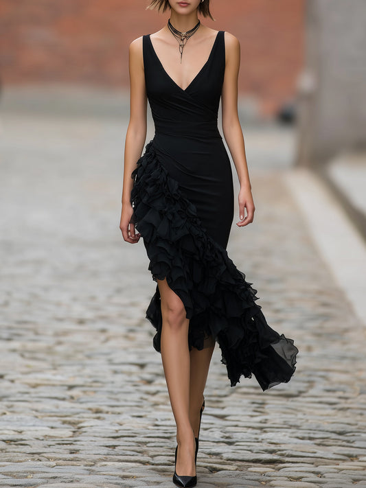 Black Chiffon Ruffle Sleeveless Midi Dress