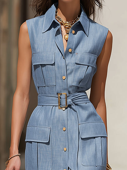 Elegant Light Blue Sleeveless Belted Midi Dress
