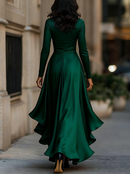 Midnight Blue Draped Satin Maxi Dress With Ruffle Details