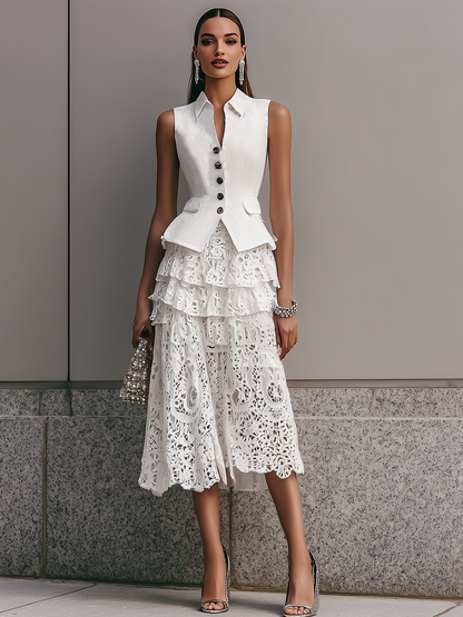 White Sleeveless Blazer And Tiered Lace Skirt Set
