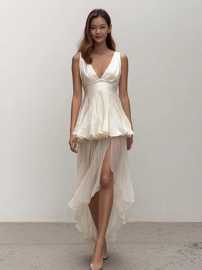 Romantic High Low Hem Satin Chiffon Dress