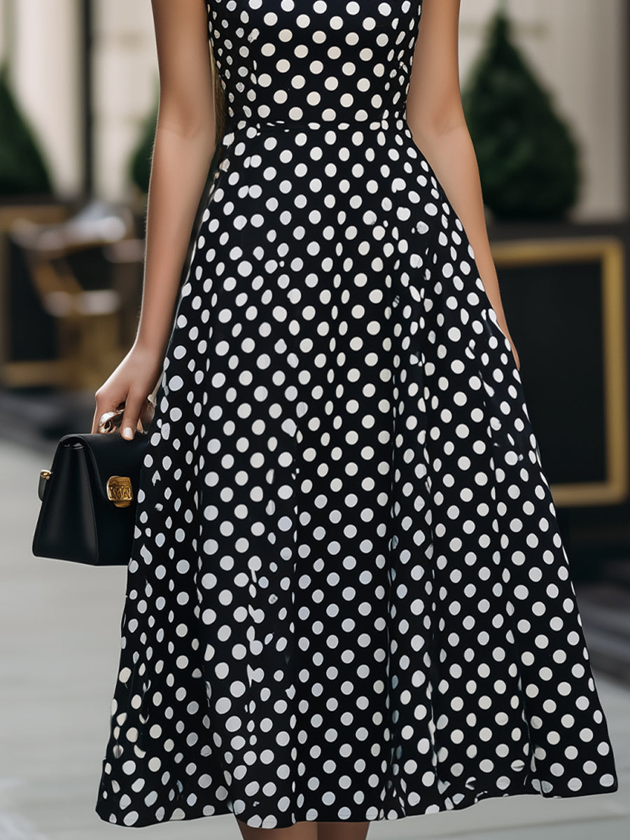 Black & White Polka Dot Square Neck Sleeveless Fit-and-Flare Midi Dress