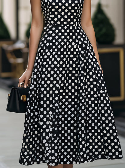 Black & White Polka Dot Square Neck Sleeveless Fit-and-Flare Midi Dress