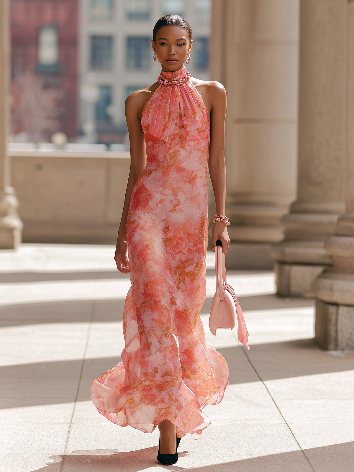 Pink Floral Print Chiffon Maxi Dress