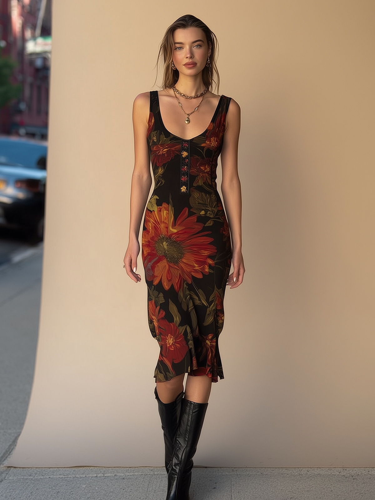 Vintage Floral Print Sleeveless Dress