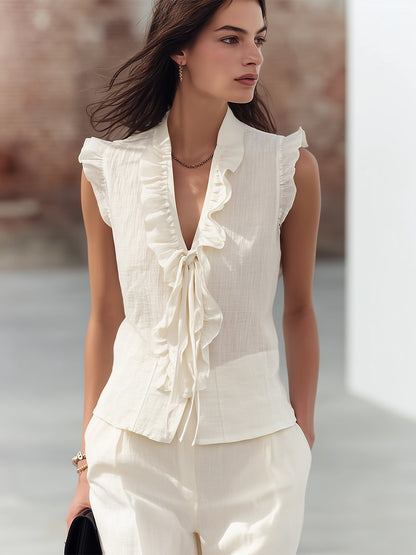 Cream Linen Blend Ruffle Top