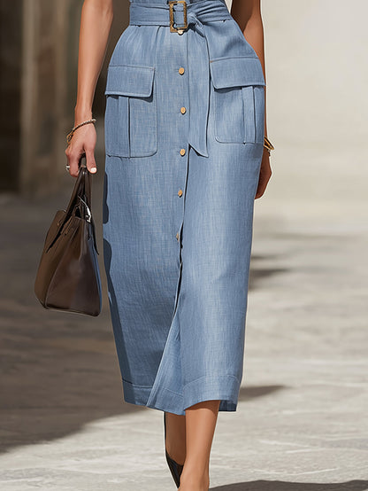 Elegant Light Blue Sleeveless Belted Midi Dress