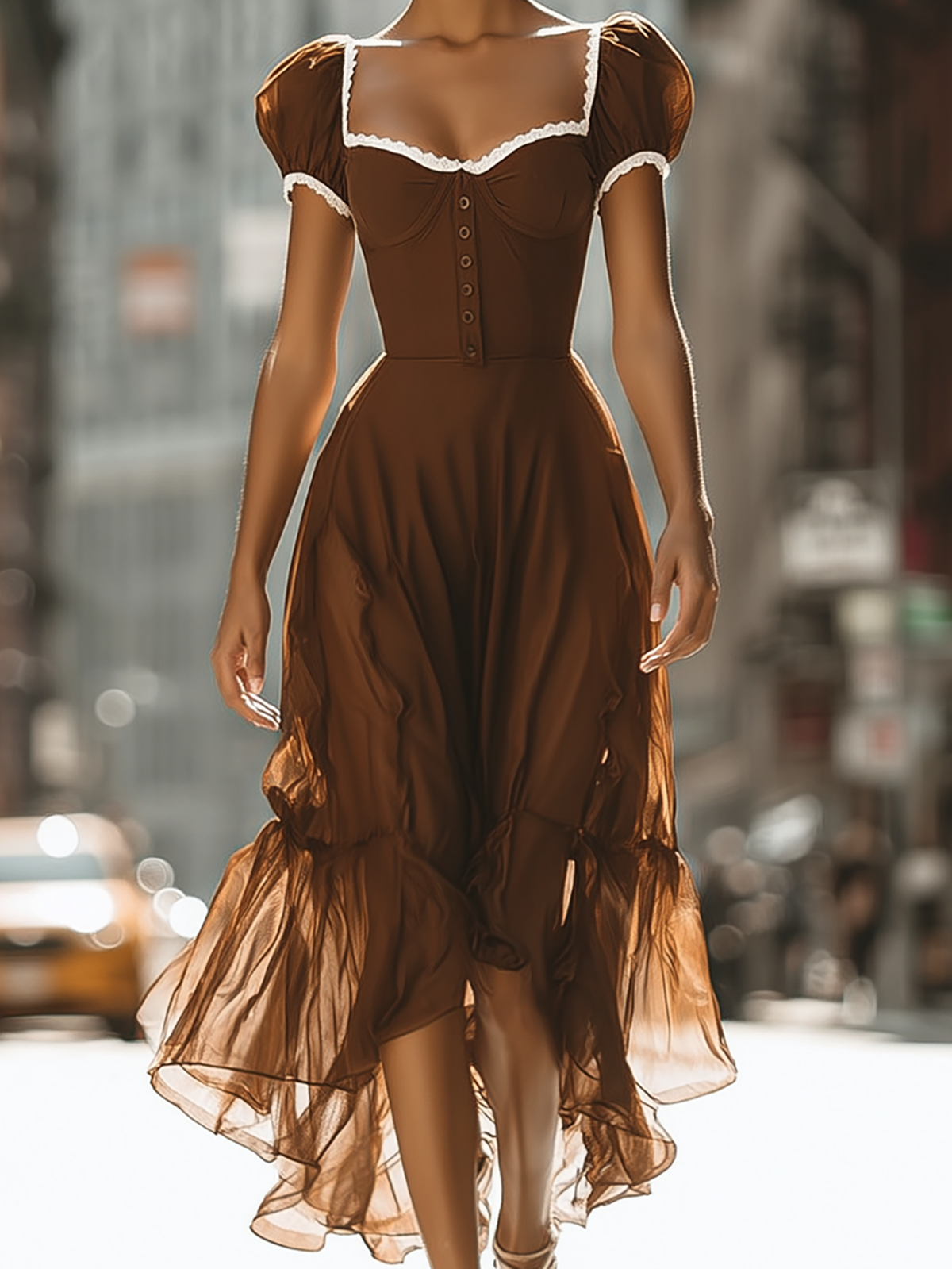 Vintage Sweetheart Neck Chiffon Midi Dress
