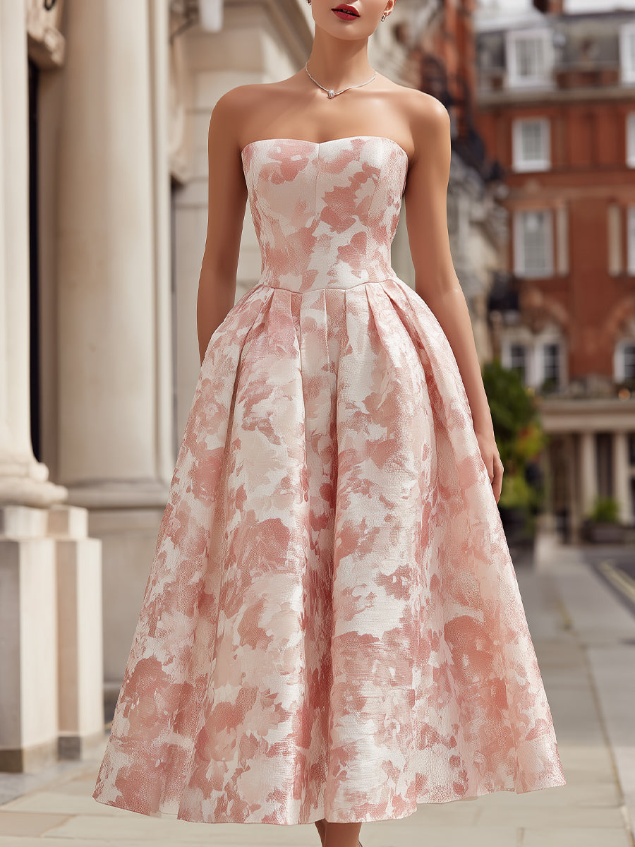 Strapless Floral Jacquard A-Line Maxi Dress