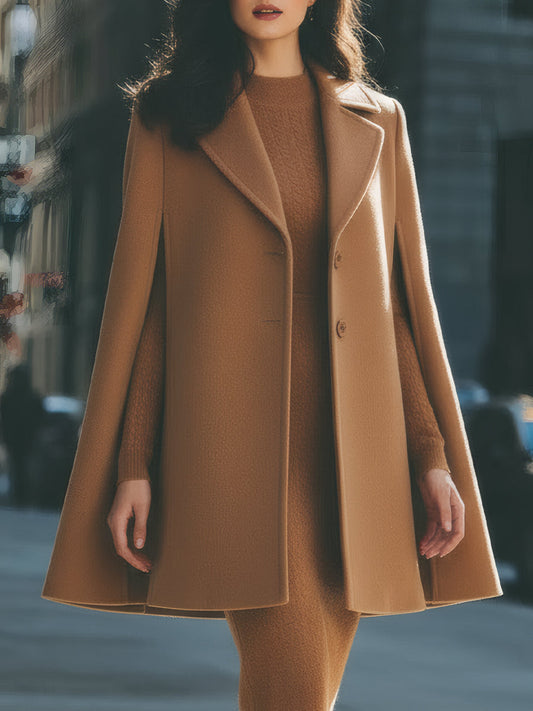 Camel Cape Coat With Structured Lapels