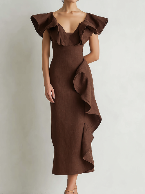 Brown Ruffled Shoulder Maxi Dress