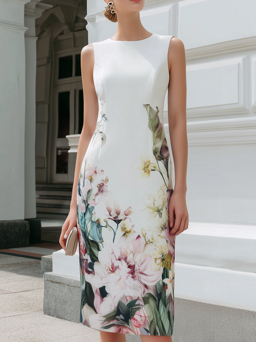 Sleeveless Floral Print Sheath Midi Dress