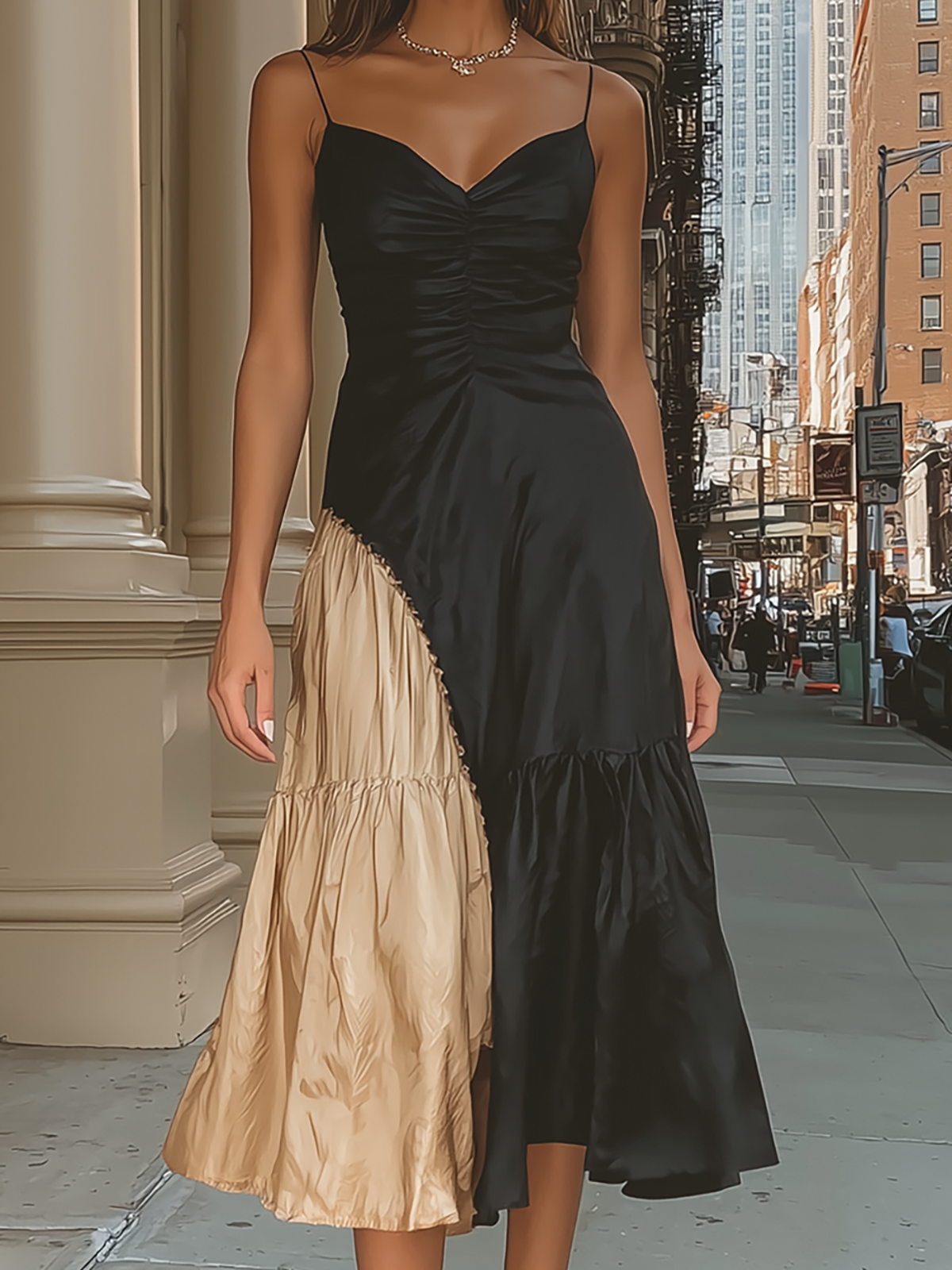 Spaghetti Strap Color Block Ruched Midi Dress