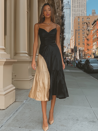 Spaghetti Strap Color Block Ruched Midi Dress